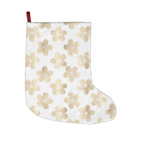 Retro White Gold Daisy Flowers Large Christmas Stocking