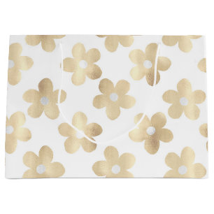 Retro White Gold Daisy Flowers Large Gift Bag
