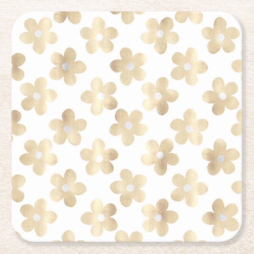 Retro White Gold Daisy Flowers Square Paper Coaster