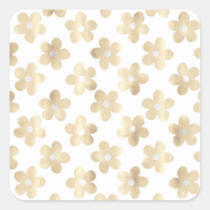 Retro White Gold Daisy Flowers Square Sticker