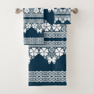 Retro white lace with butterflies on a dark blue b bath towel set