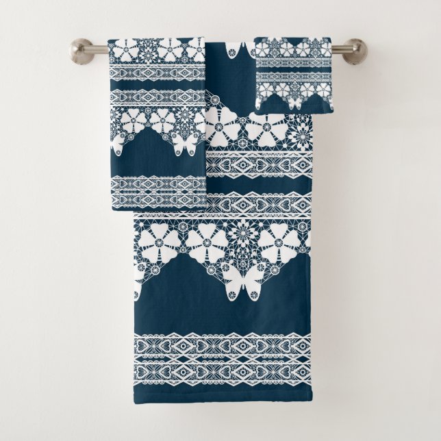 Retro white lace with butterflies on a dark blue b bath towel set (Insitu)
