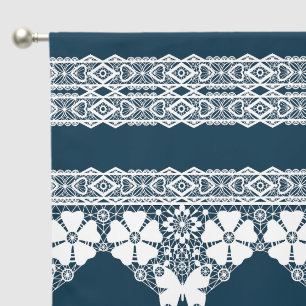 Retro white lace with butterflies on a dark blue b blackout curtains