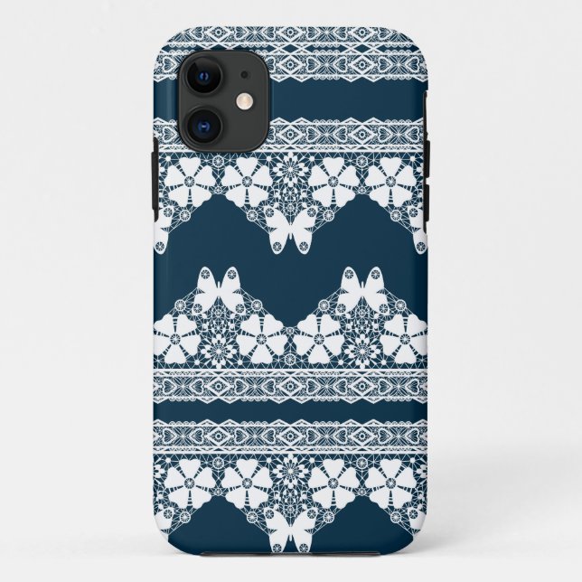 Retro white lace with butterflies on a dark blue b Case-Mate iPhone case (Back)