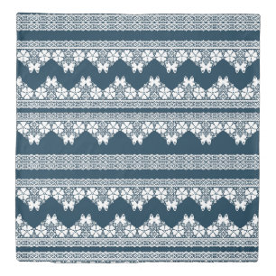 Retro white lace with butterflies on a dark blue b duvet cover