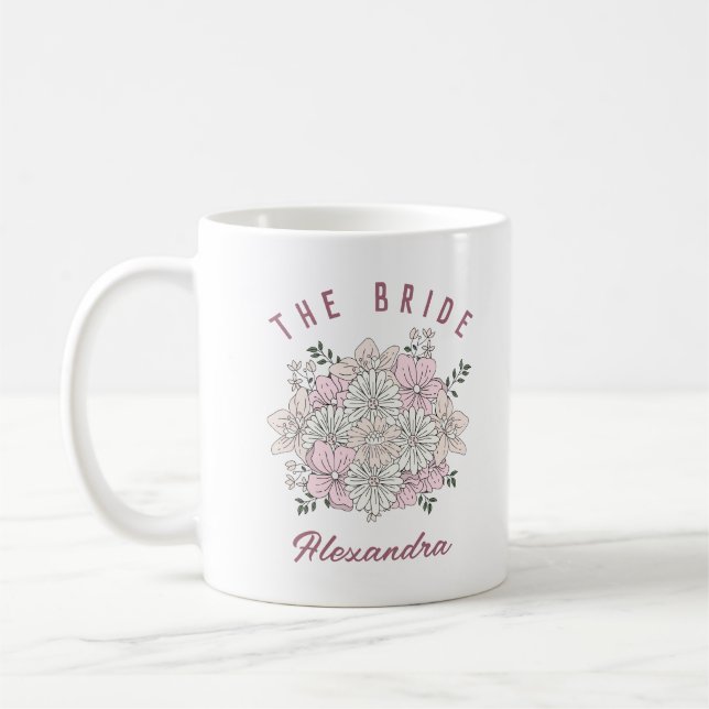 Retro White Pink Flower Custom Name Bride Mug (Left)