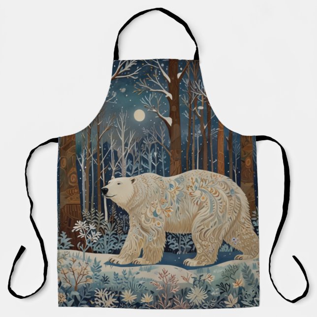 Retro white polar bear boho woodland forest apron (Front)