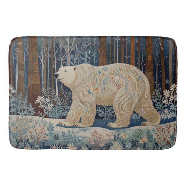 Retro white polar bear boho woodland forest bath mat (Front)