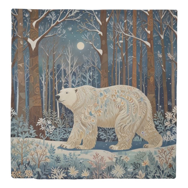 Retro white polar bear boho woodland forest duvet cover (Front)