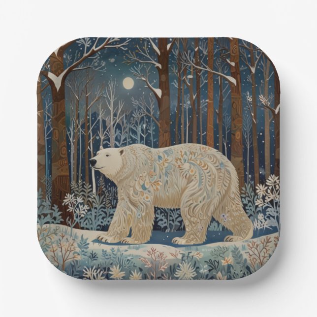 Retro white polar bear boho woodland forest paper plates (Front)
