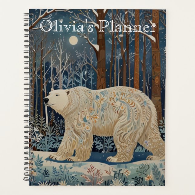 Retro white polar bear boho woodland forest planner (Front)