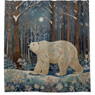 Retro white polar bear boho woodland forest shower curtain