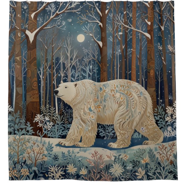 Retro white polar bear boho woodland forest shower curtain (Front)