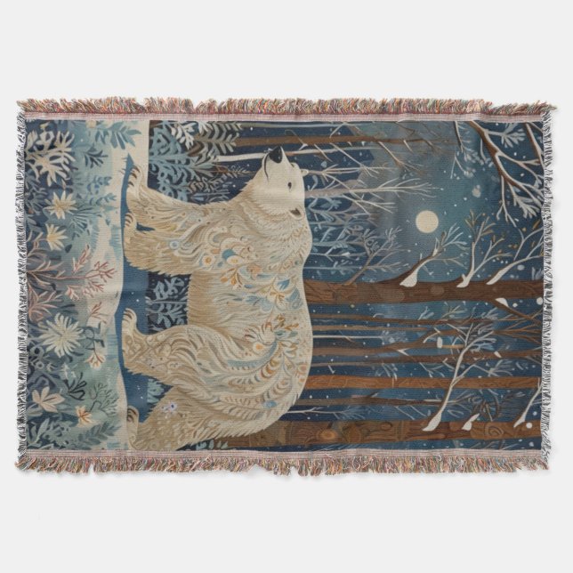 Retro white polar bear boho woodland forest throw blanket (Front)