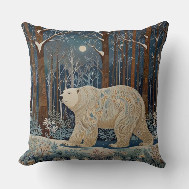 Retro white polar bear boho woodland forest throw pillow (Front)