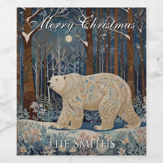 Retro white polar bear boho woodland forest wine label (Single Label)