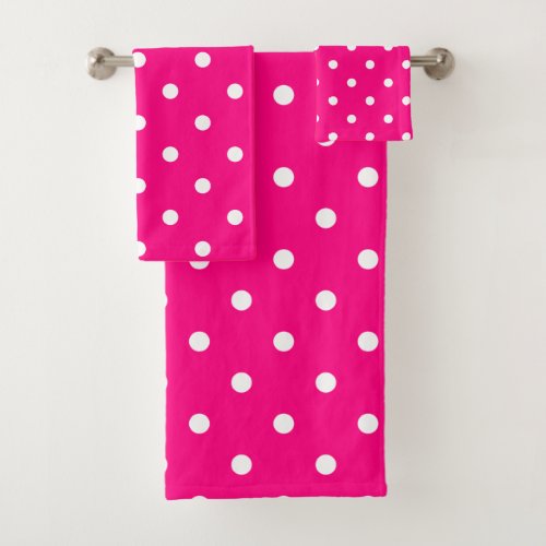 Retro White Polka Dots On A Hot Pink Background Bath Towel Set