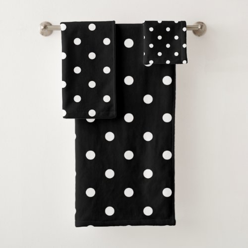 Retro White Polka Dots On Black Bath Towel Set