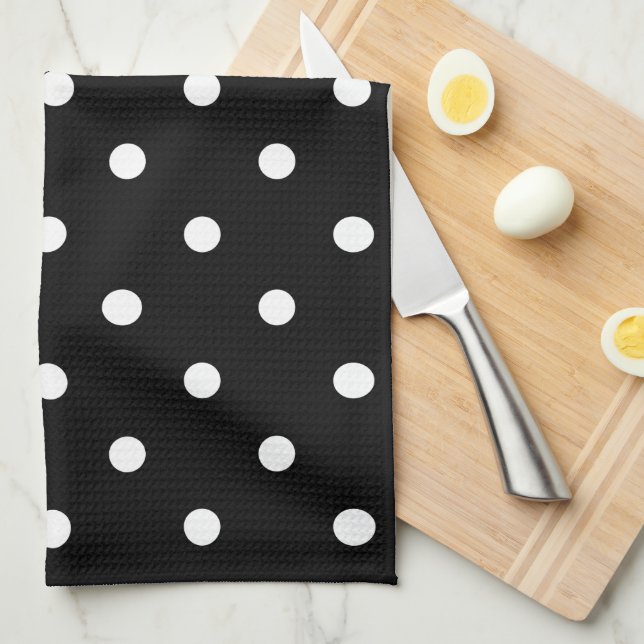 Retro White Polka Dots On Black Kitchen Towel (Quarter Fold)
