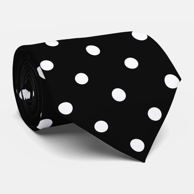Retro White Polka Dots On Black Neck Tie (Rolled)