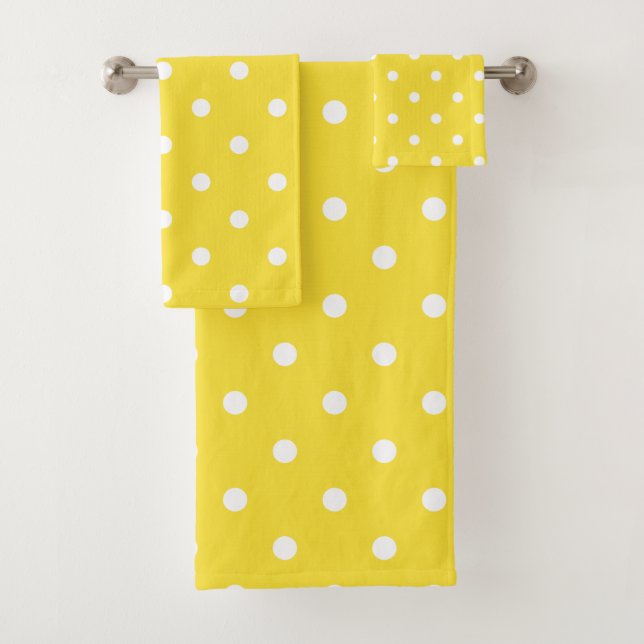 Retro White Polka Dots On Buttercup Yellow Bath Towel Set (Insitu)