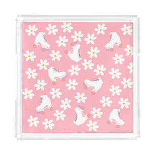 Retro White Roller Skates Floral Skater Gift Pink Acrylic Tray
