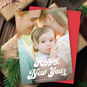 Retro White Script Happy New Year One Photo Holiday Card