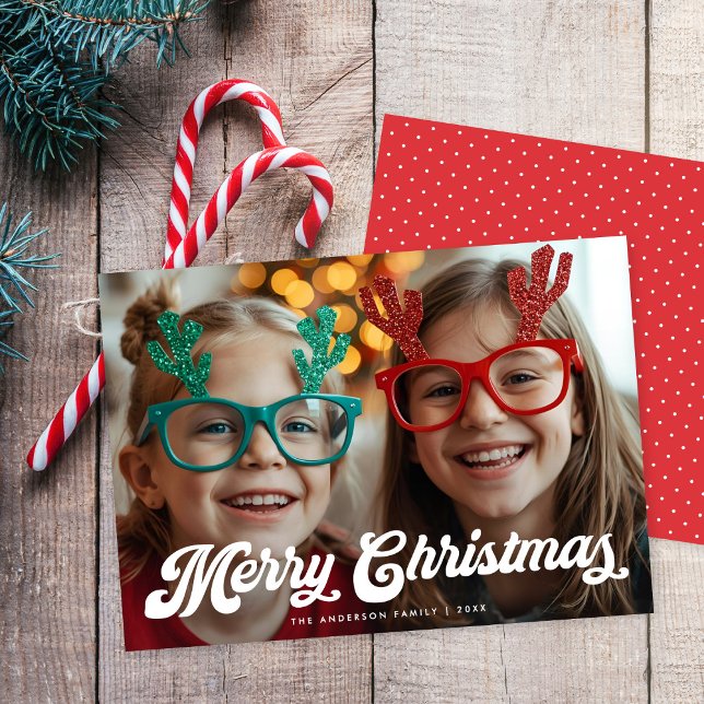 Retro White Script Merry Christmas One Photo Holiday Card (Creator Uploaded)