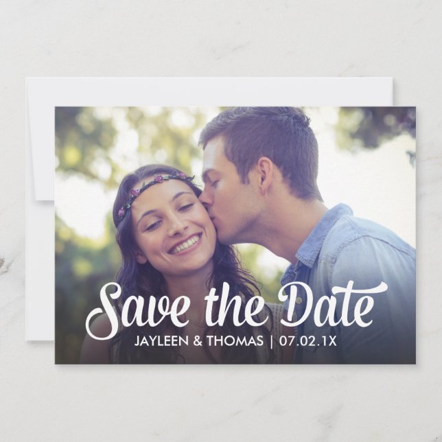 Retro White Script Save The Date Full Bleed Photo (Front)