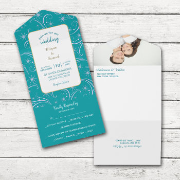Retro White Snowflake Swirl On Teal Wedding All In One Invitation by Westerngirl2 at Zazzle