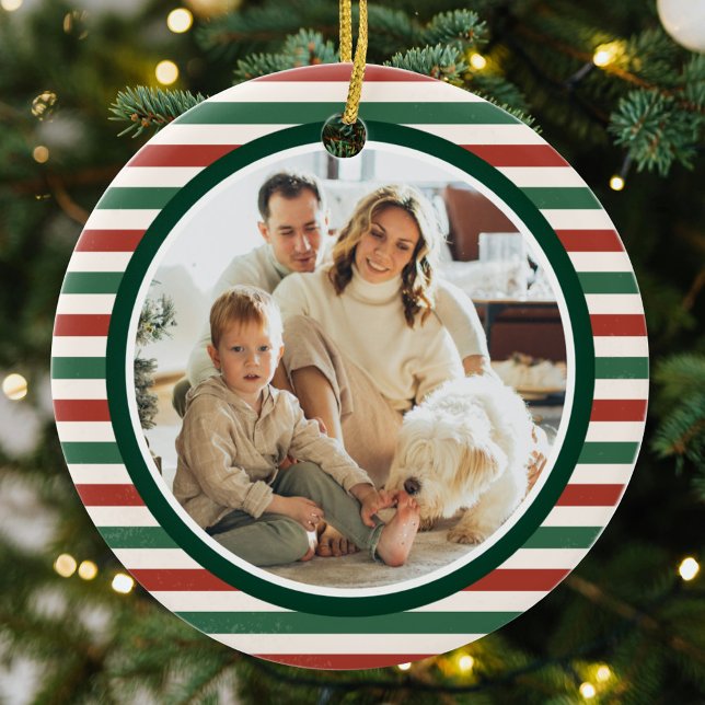 Retro White Stripes Family Photo Merry Christmas Ceramic Ornament (Creator Uploaded)