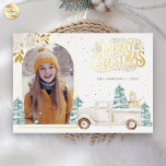 Retro White Truck Snowman Christmas Photo Gold Foil Holiday Card<br><div class="desc">Amaze your guests with this elegant woodland theme winter Christmas card featuring a cute white truck and adorable snowman with real gold foil elements.  Simply add your text on this easy-to-use template and adorn this card with your favorite photo to make it a one-of-a-kind holiday card.</div>