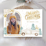 Retro White Truck Snowman Gold Christmas Photo Holiday Card<br><div class="desc">Amaze your guests with this elegant woodland theme winter Christmas card featuring a cute white truck and adorable snowman with white flowers.  Simply add your text on this easy-to-use template and adorn this card with your favorite photo to make it a one-of-a-kind holiday card.</div>