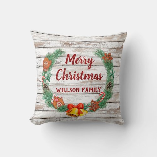 Retro white wood Christmas wreath gingerbread   Throw Pillow