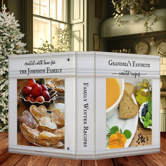 Retro White Wood Photo Winter Recipe Binder (Recipe binder with a white wood design and your own photos on front and back (optional))