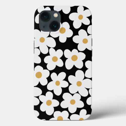 Retro White Yellow Big Daisy Flowers Black Design iPhone 13 Case