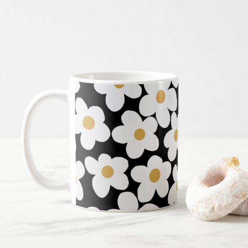 Retro White Yellow Big Daisy Flowers Black Design Coffee Mug