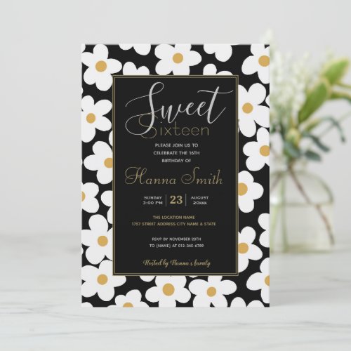 Retro White Yellow Big Daisy Flowers Black Design Invitation