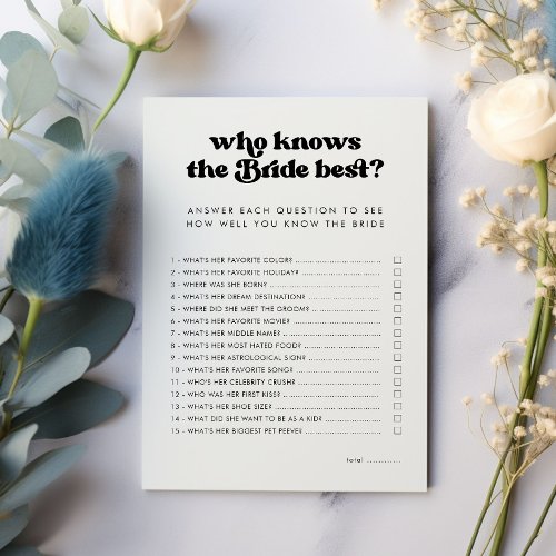 Retro Who Knows the Bride Best Shower Game Card