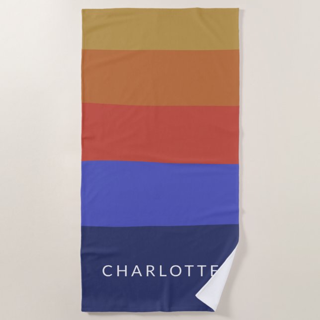 Retro Wide Blue Abstract Stripes Personalized   Beach Towel (Front)