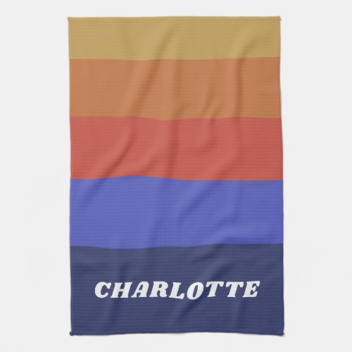 Retro Wide Blue Abstract Stripes Personalized  Kitchen Towel