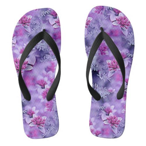 Retro Wild Flowers in Purple Pink Flip Flops