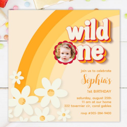 Retro Wild One Daisy Birthday Photo Invitation