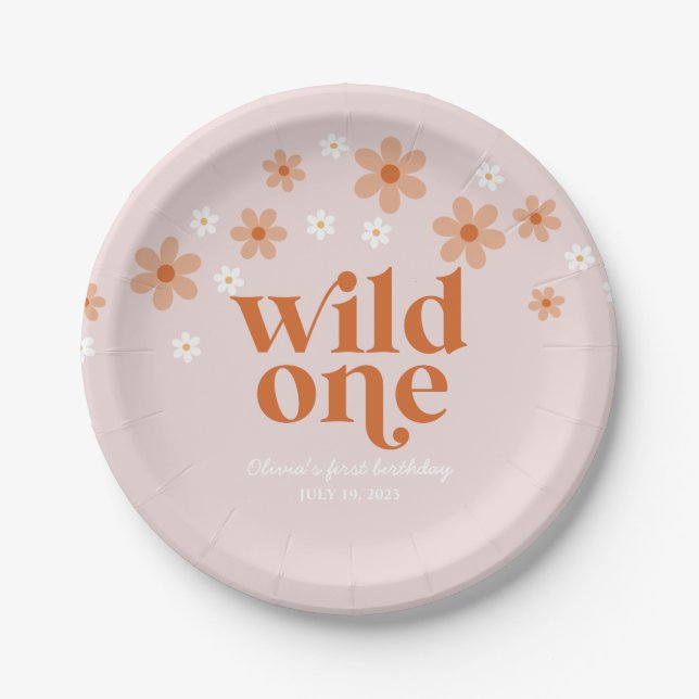 Retro wild one daisy boho first birthday paper plates (Front)