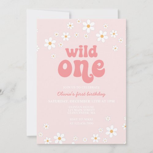 Retro wild one daisy boho floral first birthday invitation