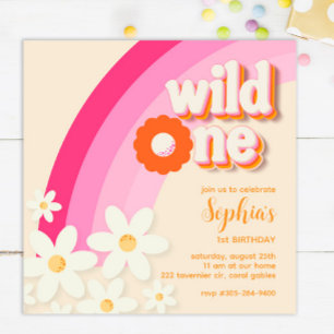 Retro Wild One Daisy Pink Birthday Invitation   Bo