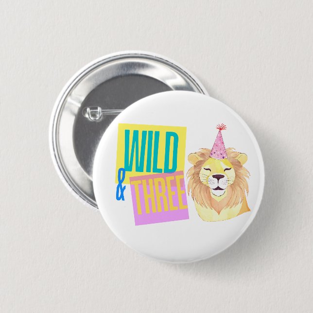 Retro Wild & Three Lion 3rd Birthday Favor Button (Front & Back)