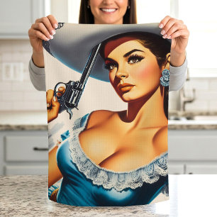 Retro Wild West Pin-up Kitchen Towel