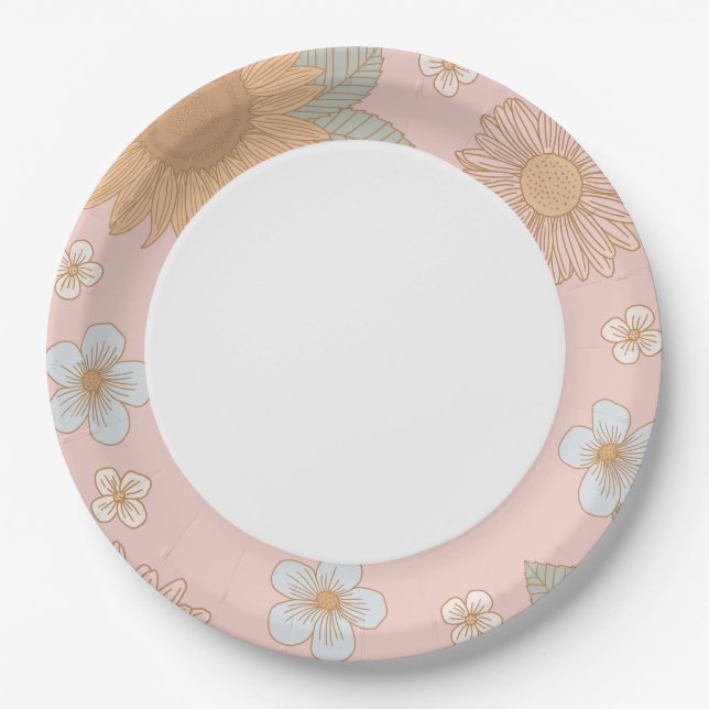 Retro Wildflower Birthday Party Paper Plates (Front)