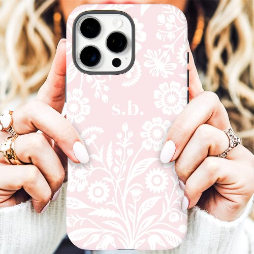 Retro Wildflower Blush Pink Floral Monogram Iphone 16 Pro Max Case